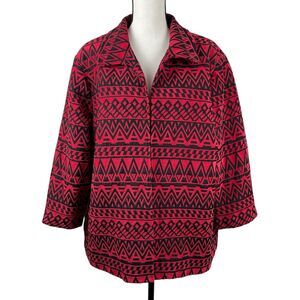 Alfred Dunner Woman's Blazer Jacket 22W Red Black Geometric Print 3/4 Sleeve